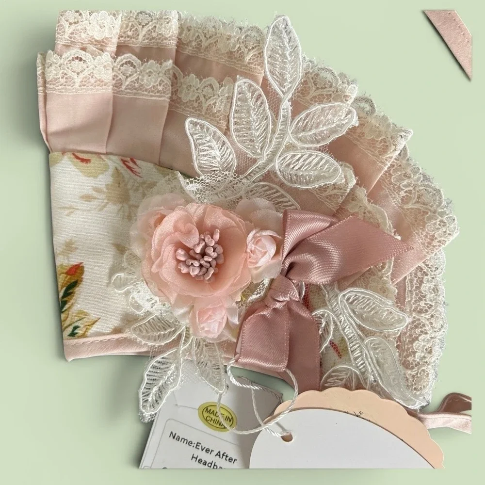 NEW Dollcake Ever After Headband Kids Small Pink New Floral Lace Ruffle Bonnet